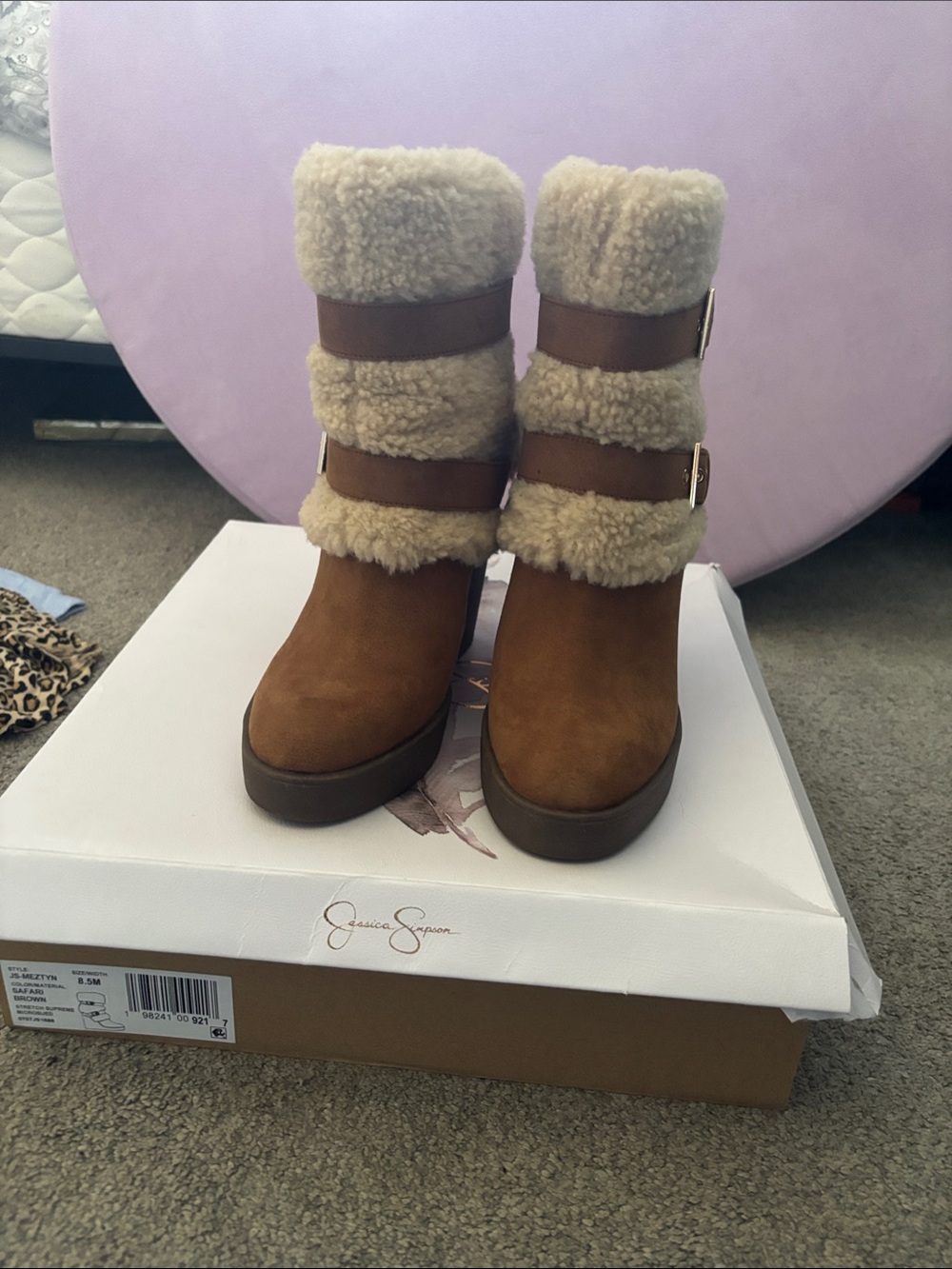 Jessica Simpson Tan Faux-Shearling Strap Platform Boots